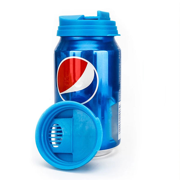 A blue reusable leakproof soda can with a blue lid and a red and white Pepsi logo visible on the side.