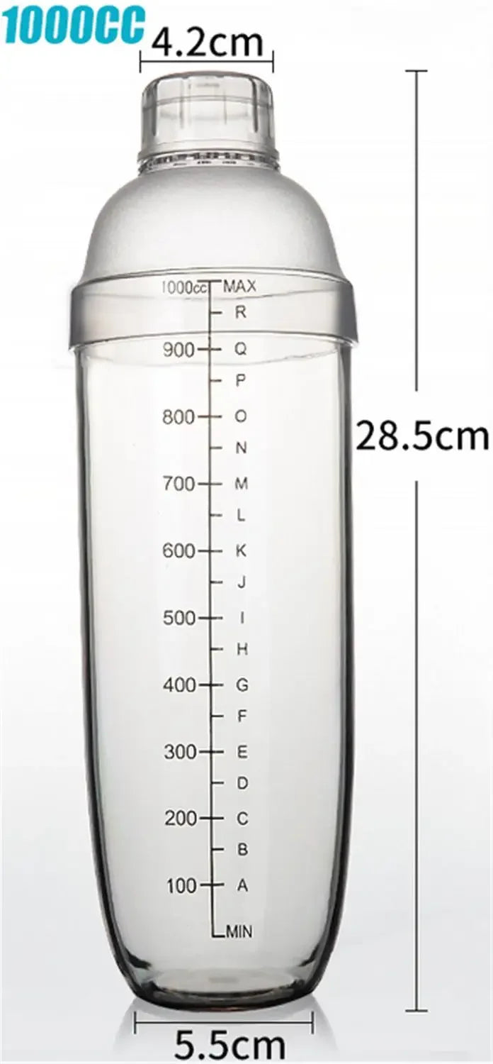 A clear plastic cocktail shaker bottle with volume markings and a 4.2cm height.