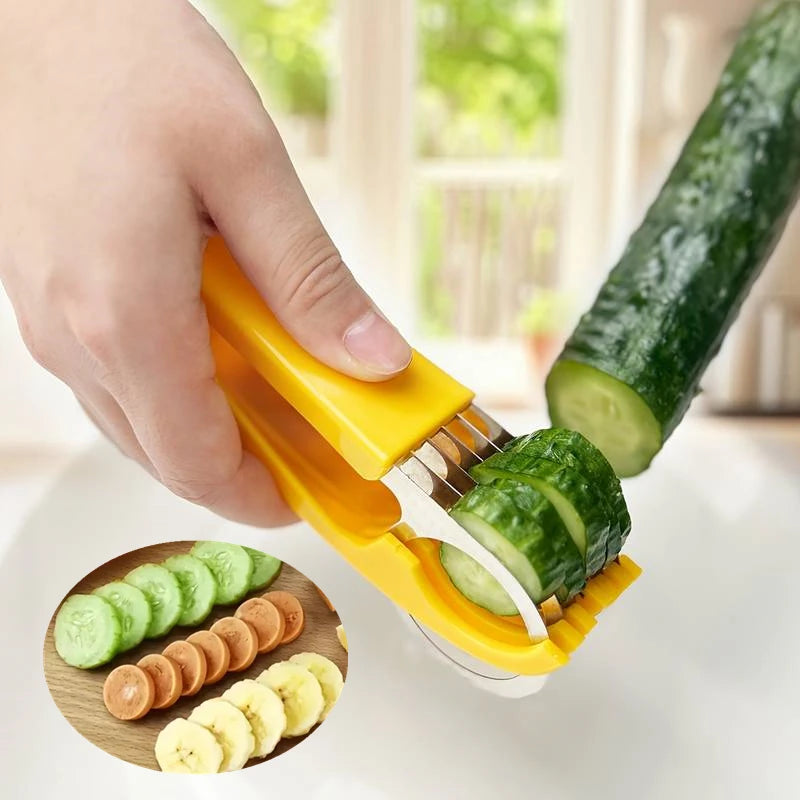 A hand uses a manual vegetable slicer to cut cucumbers and other vegetables, with sliced fruit nearby.
