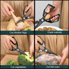 Demonstration of heavy-duty stainless steel kitchen shears cutting chicken legs, crack walnuts, vegetables, and fish maw.