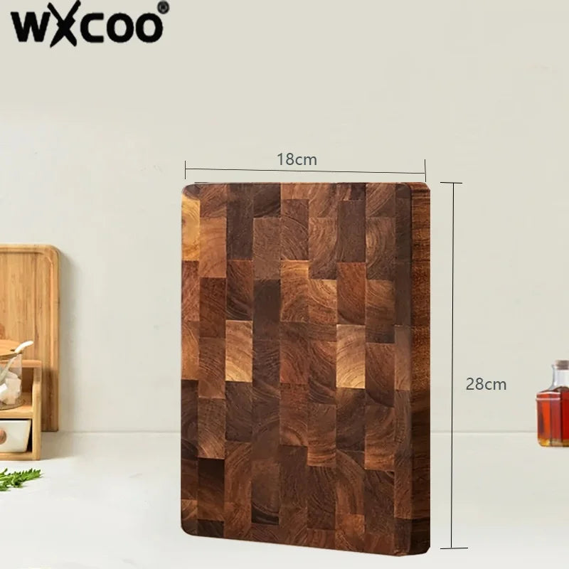 A rectangular dark brown acacia wood cutting board with a checkered pattern, shown against a light background.