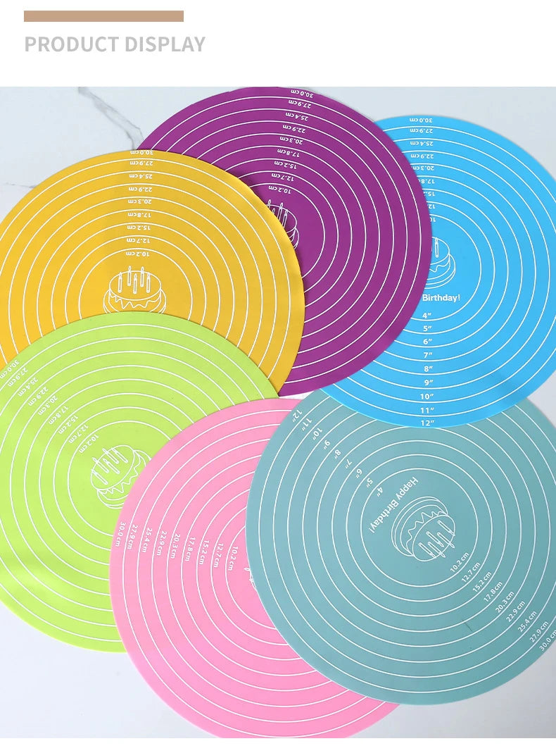 Colorful silicone cake turntable baking mats displayed in various shades of yellow, green, purple, and blue.