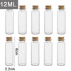 A set of 12 clear glass bottles with cork stoppers and a measuring scale showing their height.