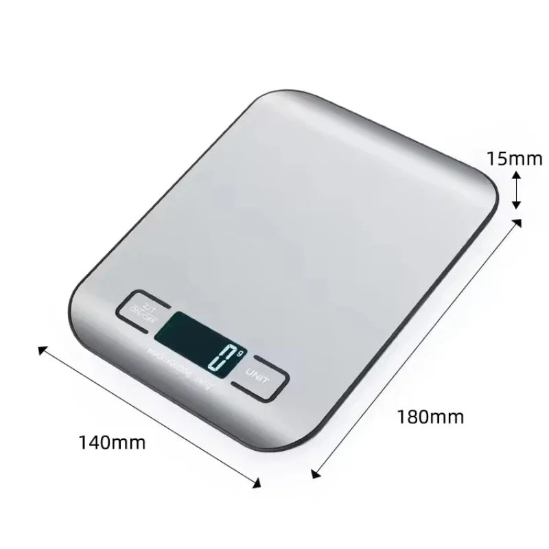 A silver precision digital kitchen scale shown from above with dimensions marked.