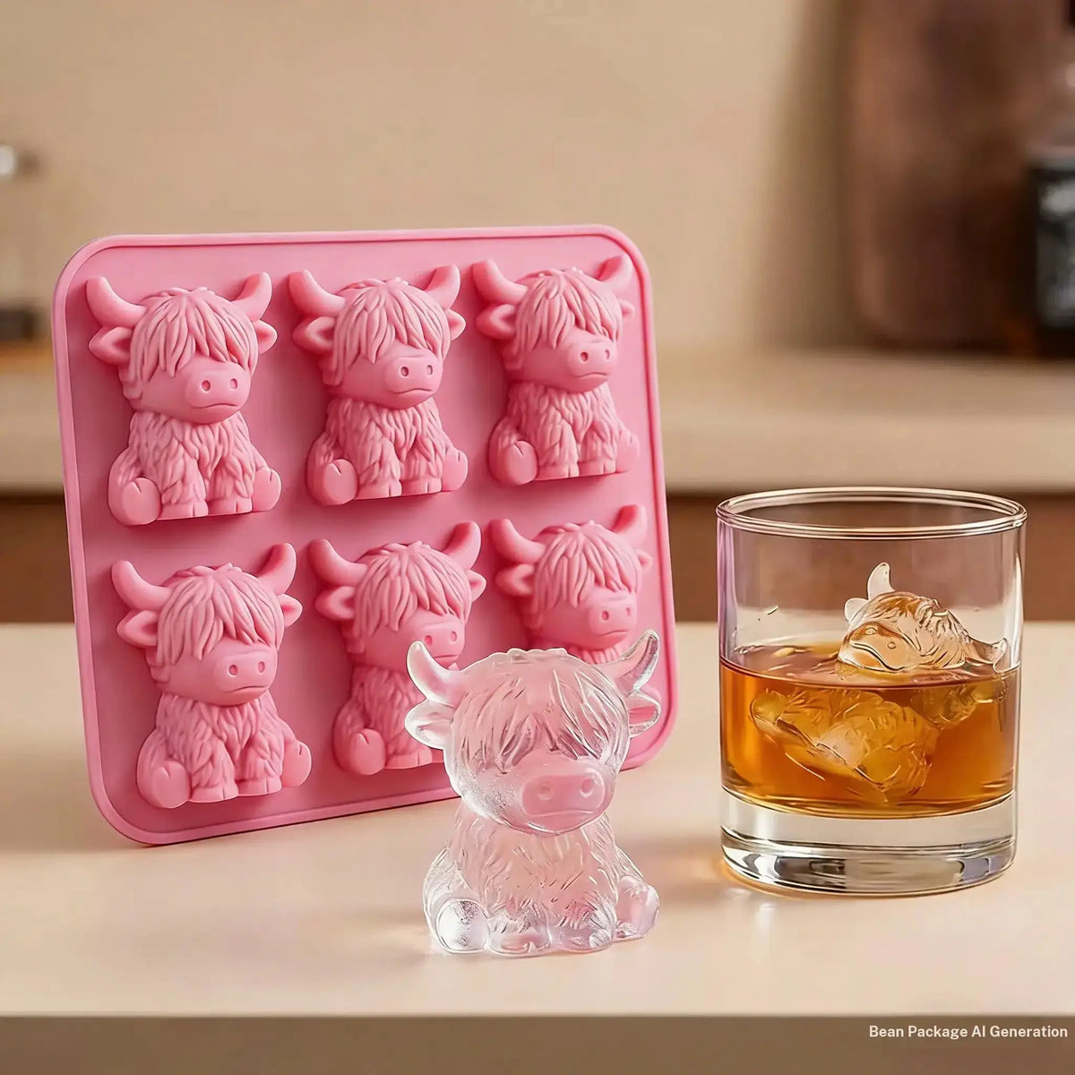A pink silicone mold set featuring several pig-shaped ice cube molds for whiskey and coffee