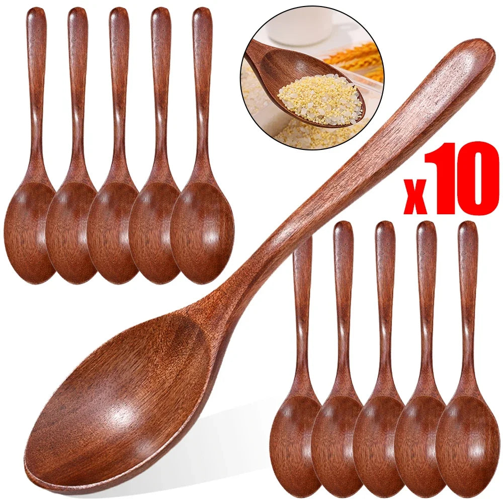 A set of ten natural brown wooden serving spoons displayed on a white background.