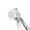 Stainless steel garlic press and mincer tool with a perforated disc.