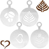 A set of stainless steel baking and barista art stencils featuring leaf, heart, and coffee cup designs.