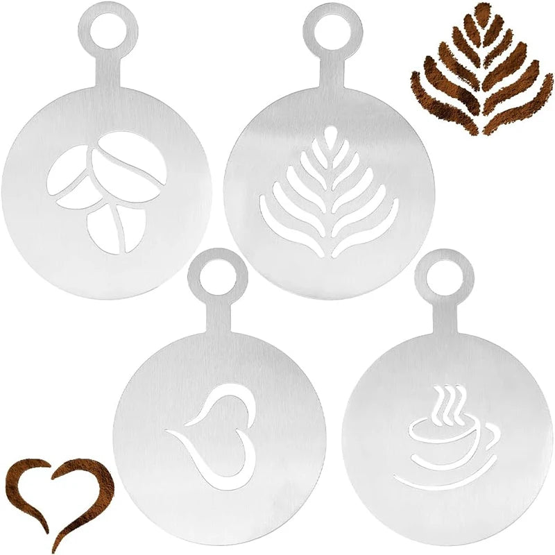 A set of stainless steel baking and barista art stencils featuring leaf, heart, and coffee cup designs.