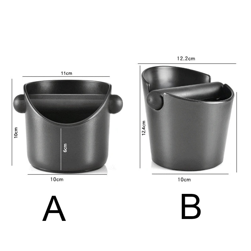 Two views of a black shock-absorbent espresso knock box, labeled A and B.