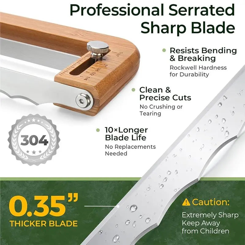 A professional serrated sharp blade for slicing, shown with a wooden handle and a thick stainless steel blade.