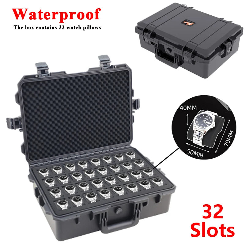 A waterproof plastic watch storage case with a lid, showing 32 slots and dimensions.