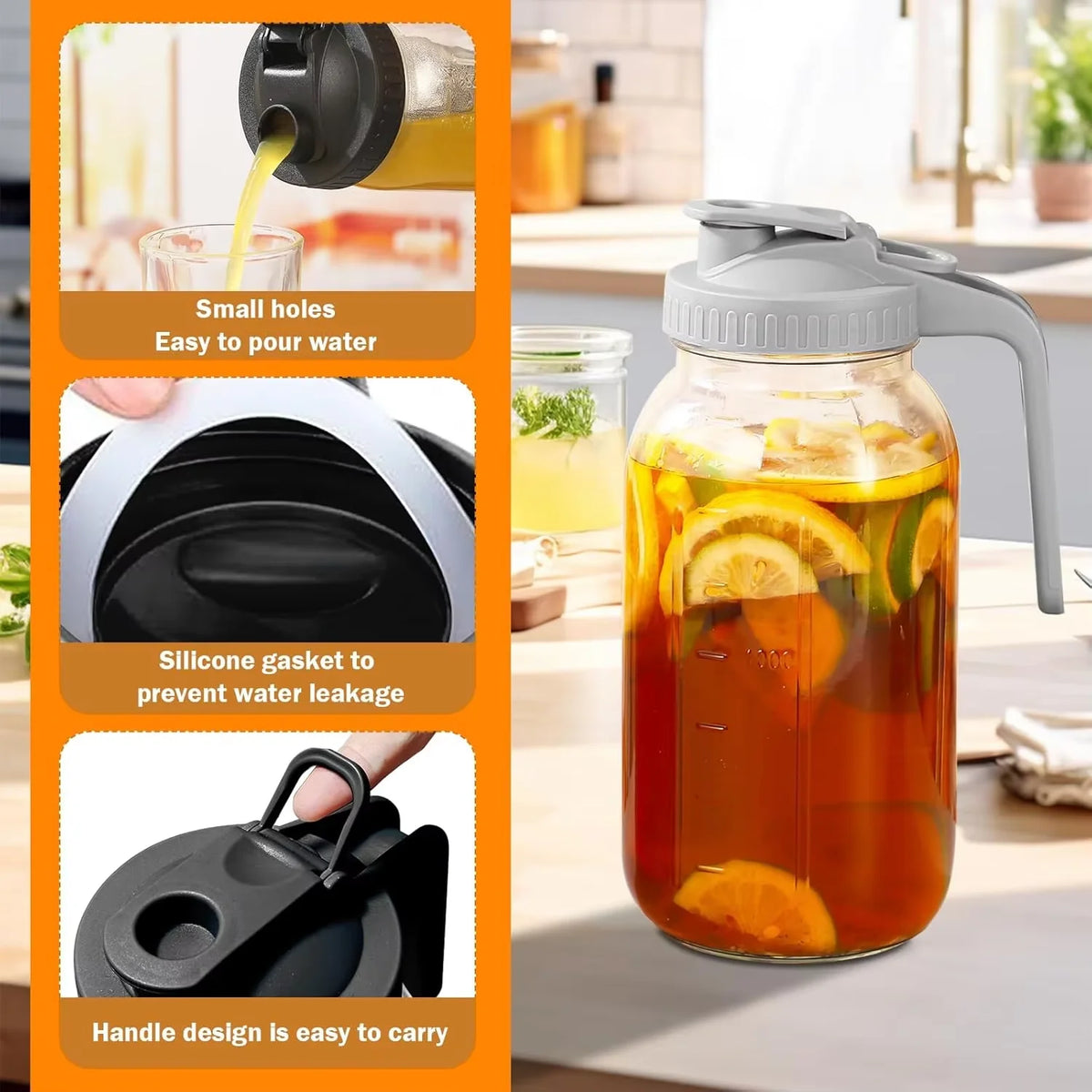 Botella de vidrio transparente llena de jugo de naranja y rodajas cítricas, con tapa gris y asa para fácil transporte.