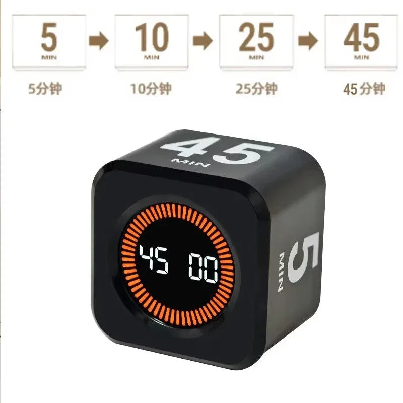 A black productivity cube timer displaying 45 minutes and 00 seconds on an orange digital screen.