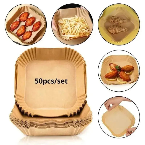 Set von 50 Einweg-Antihaft-Airfryer-Linern in verschiedenen Formen und Farben, darunter gebackene Hähnchenstücke.