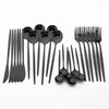 A set of black stainless steel dinnerware and cutlery including spoons and forks.