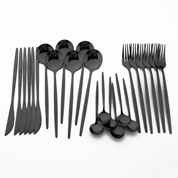 Ein Set aus schwarzem Edelstahl-Geschirr und Besteck, einschließlich Löffel und Gabeln.