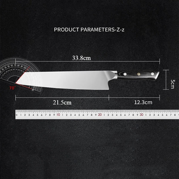 A professional stainless steel chef knife shown with dimensions and a ruler for scale.