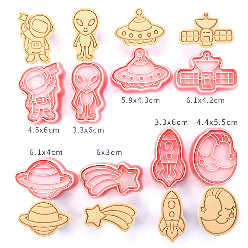 A collection of silicone molds shaped like astronauts, aliens, and rockets for DIY crafts.