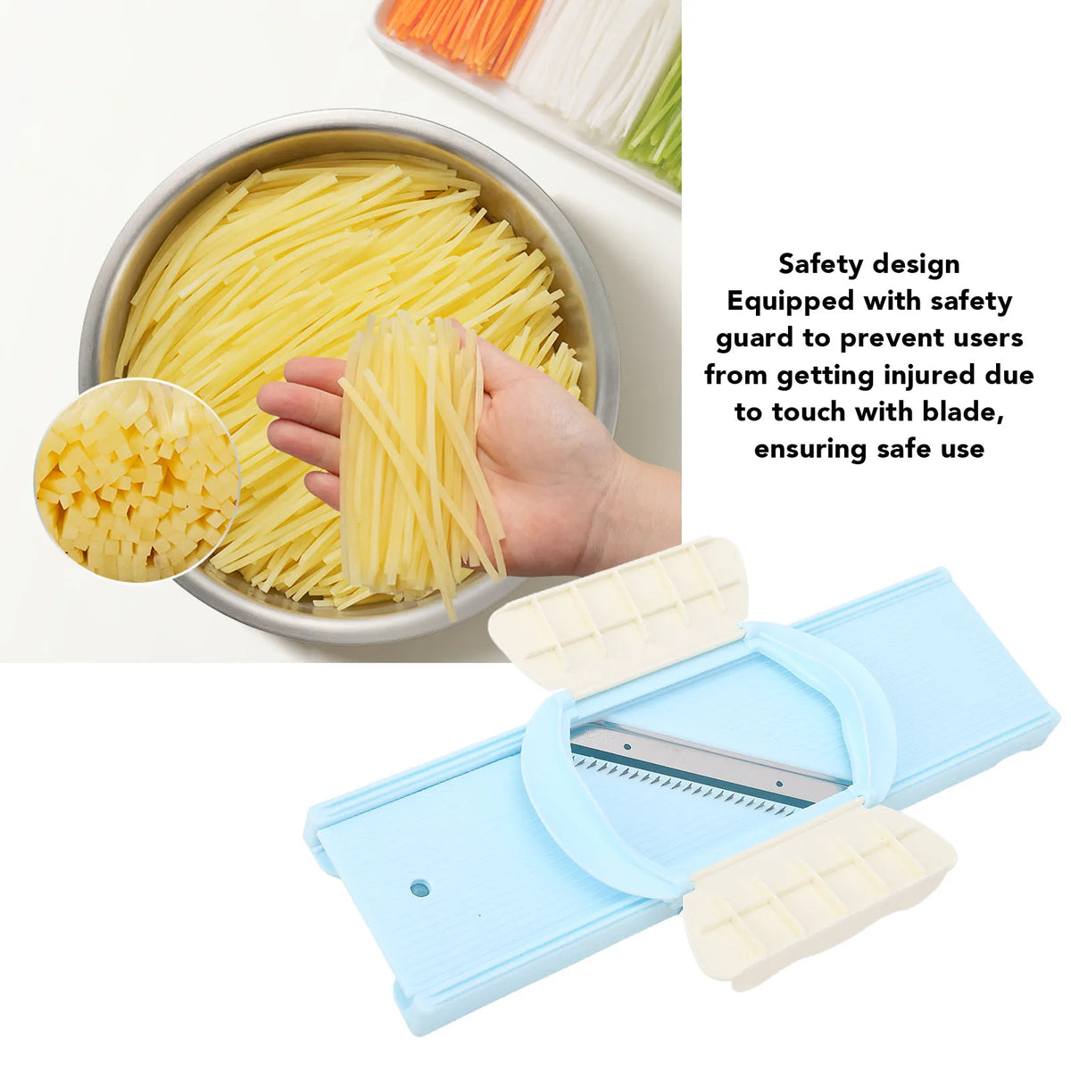 A set of yellow noodles and a blue multi-functional vegetable slicer and grater tool.