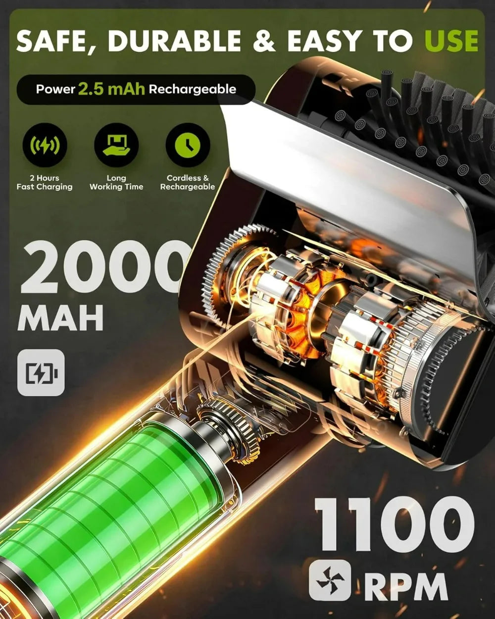 A close-up view of an electric grill cleaning brush with a green battery and metal bristles, showing its design and power spe