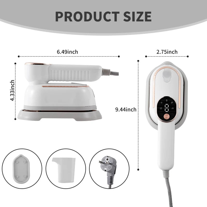 A white foldable handheld garment steamer is shown with its dimensions and components.