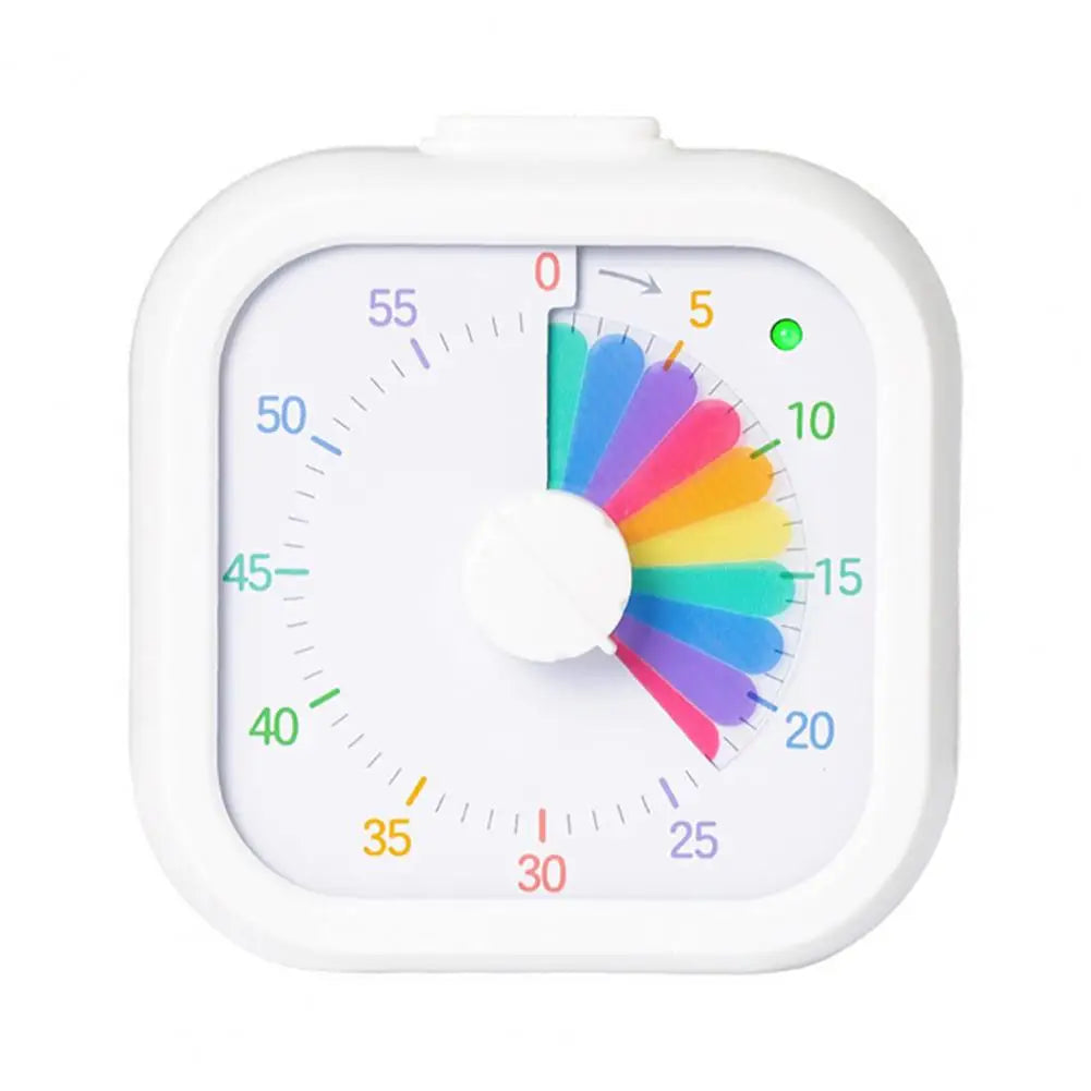 A white visual timer with a colored dial showing a countdown from 0 to 25, featuring a rainbow spectrum of colors.