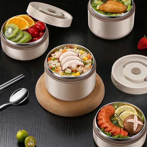 Insulated stainless steel lunch box filled with various healthy foods including eggs, avocado, and salmon