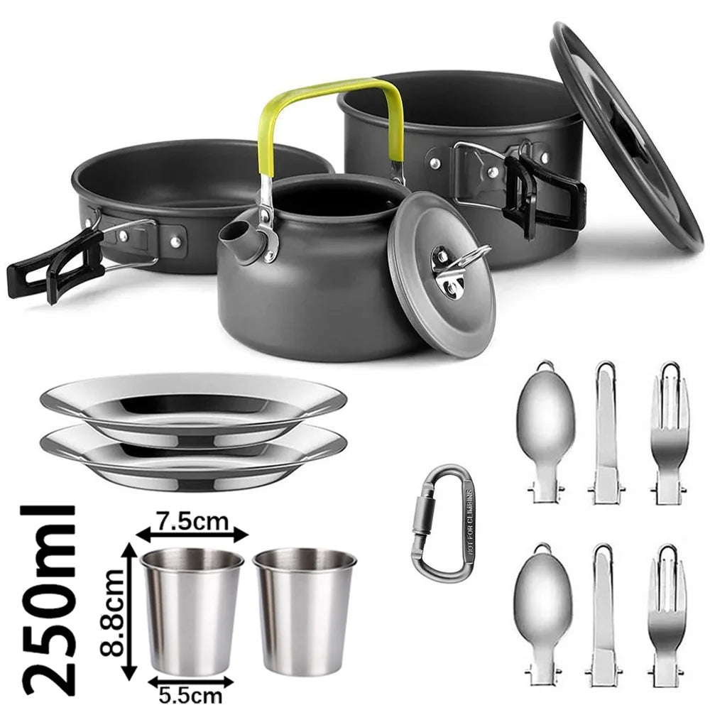 A set of black camping cookware including a pot, lid, and stainless steel cups.