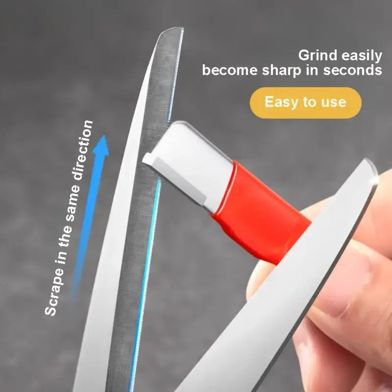 A hand is using a multi-material knife sharpener to sharpen a blade, demonstrating its ease of use.