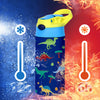 A blue water bottle with a dinosaur design is shown next to icons indicating 12h and 6h insulation.