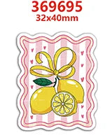 A sticker featuring a yellow lemon and a green leaf on a pink striped background.