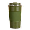 A dark olive green stainless steel insulated travel mug with a silver rim and a textured body.
