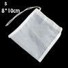 A white reusable fine mesh food strainer colander with a drawstring, measuring 8 by 10 cm.