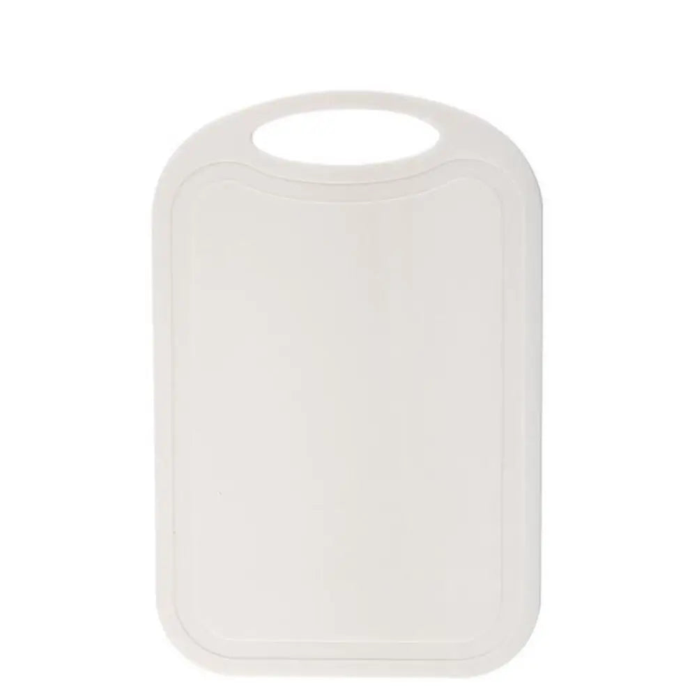 A white non-slip plastic cutting board with a hanging handle.