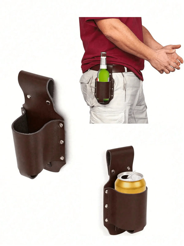 A brown PU leather bottle holder waist bag is shown being worn by a person holding a green bottle.