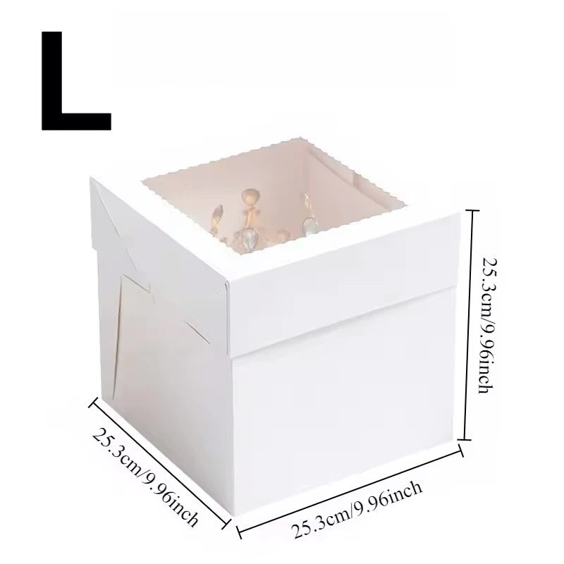 White square disposable cake boxes for parties shown from above and side view.