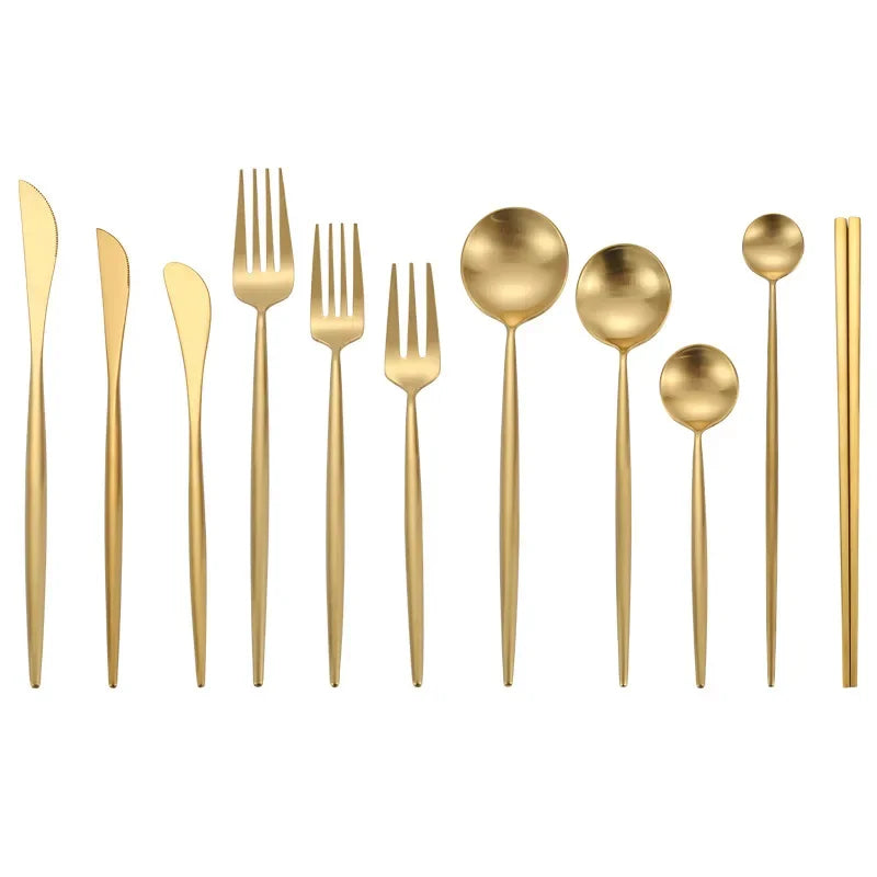 A set of matte gold stainless steel cutlery including forks, knives, and spoons.