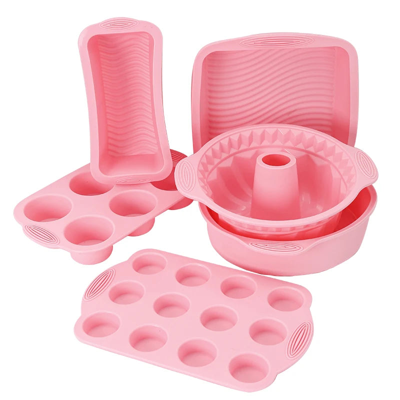 A pink nonstick silicone baking set featuring multiple cake and mold shapes.