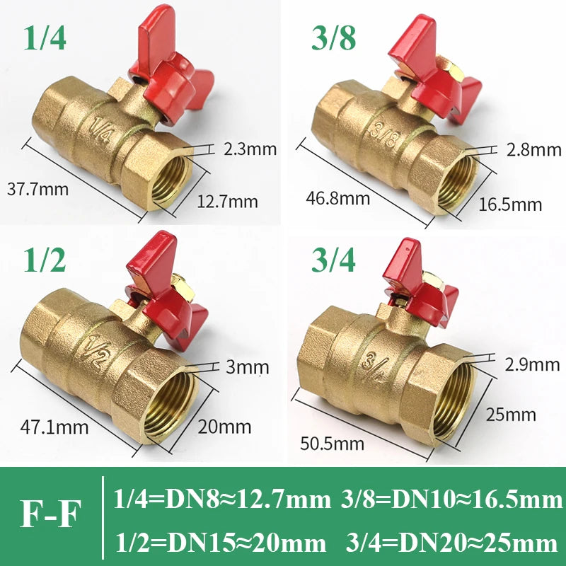 A set of brass ball valves in various sizes and configurations, showing different flow rates and connection diameters.