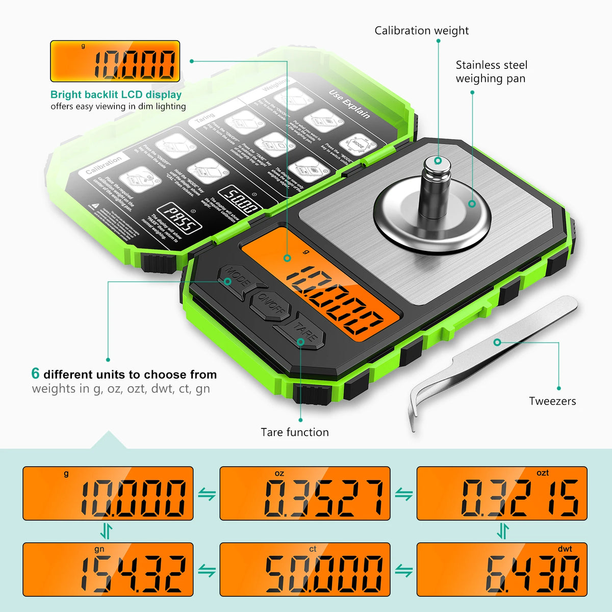 A digital weighing scale with a bright backlight LCD display and stainless steel weighing pan, showing various unit conversio