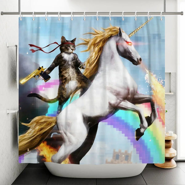 A majestic white horse and a tabby cat are depicted in a dynamic pose against a colorful background for a shower curtain.