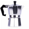 A silver aluminum stovetop moka pot with a black handle and top.