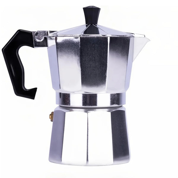 Silber-Aluminium-Moka-Kanne mit schwarzem Griff und Deckel