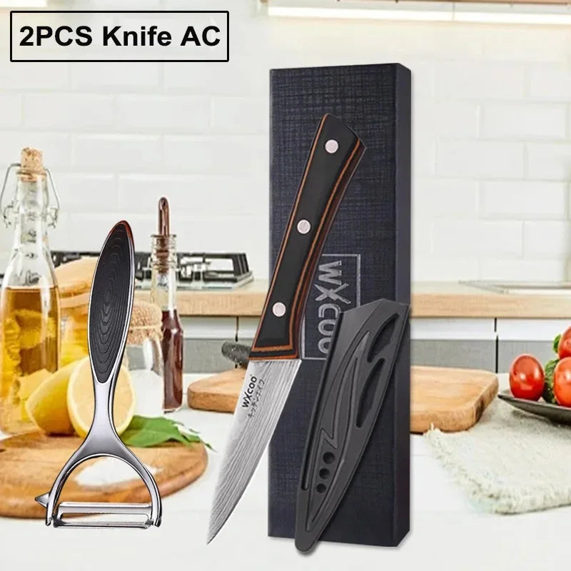 A pair of black and wood knife accents displayed next to a Japanese Santoku chef knife.