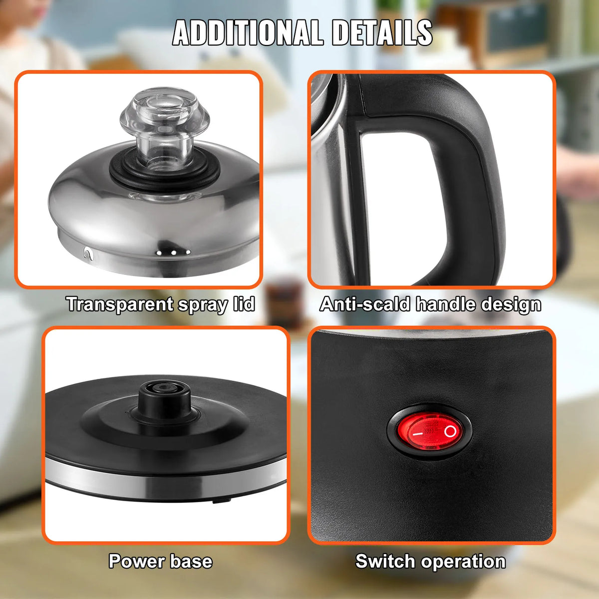 Details of an electric percolator coffee pot showing the transparent spray lid, anti-scald handle design, power base, and swi