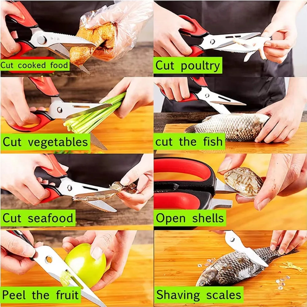 Manos demuestran varios usos de tijeras de cocina resistentes para cortar alimentos, aves, verduras, pescado y pelar fruta
