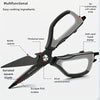 A black multi-tool kitchen scissors with a serrated blade and various features like a bottle opener and anti-card hand limite
