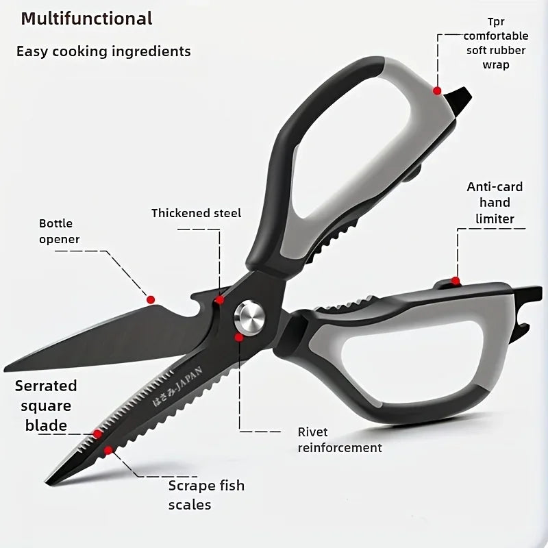 A black multi-tool kitchen scissors with a serrated blade and various features like a bottle opener and anti-card hand limite