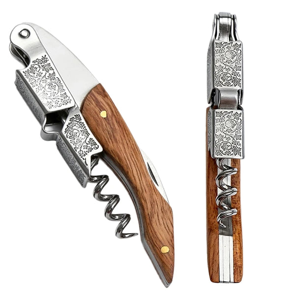 A silver multi-tool wine key and bottle opener set with a wooden handle and metal components.